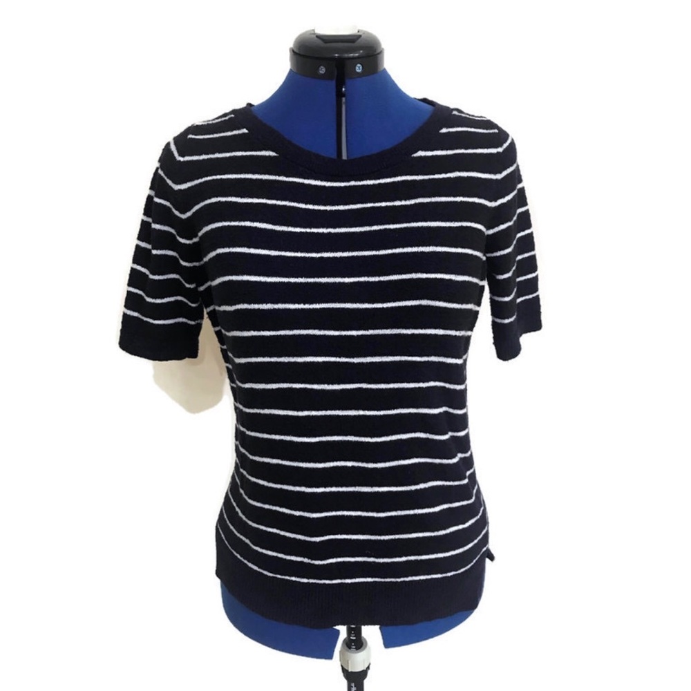 LOFT Medium Petite Navy Blue and White Terry Top